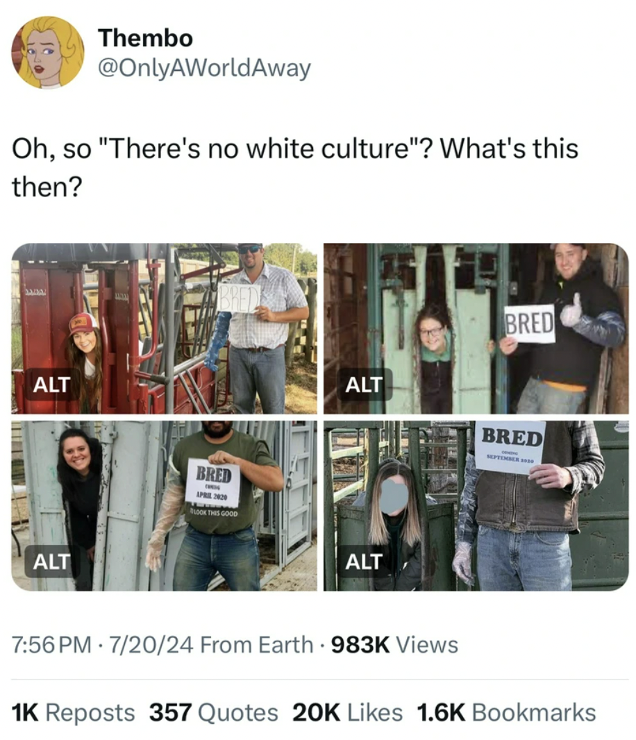 media - Thembo Oh, so "There's no white culture"? What's this then? Alt Alt Bred Bred Alt Bred Alt 72024 From Earth Views 1K Reposts 357 Quotes 20K Bookmarks